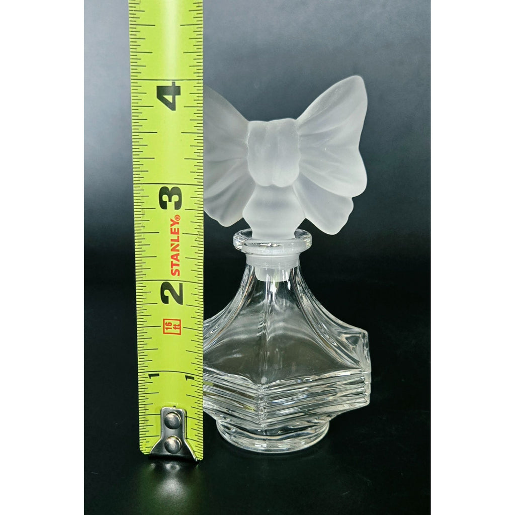Vintage Glass Perfume Bottle With Frosted Bow Stopper Hexagonal Base 4 Inches Tall
