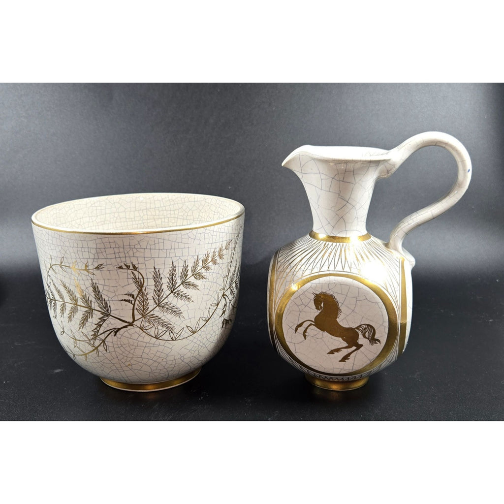 Vintage Handerbeit German Crackle Ceramic Cache'Bowl & Pitcher Set With Gold Leaf Fern & Horse Design