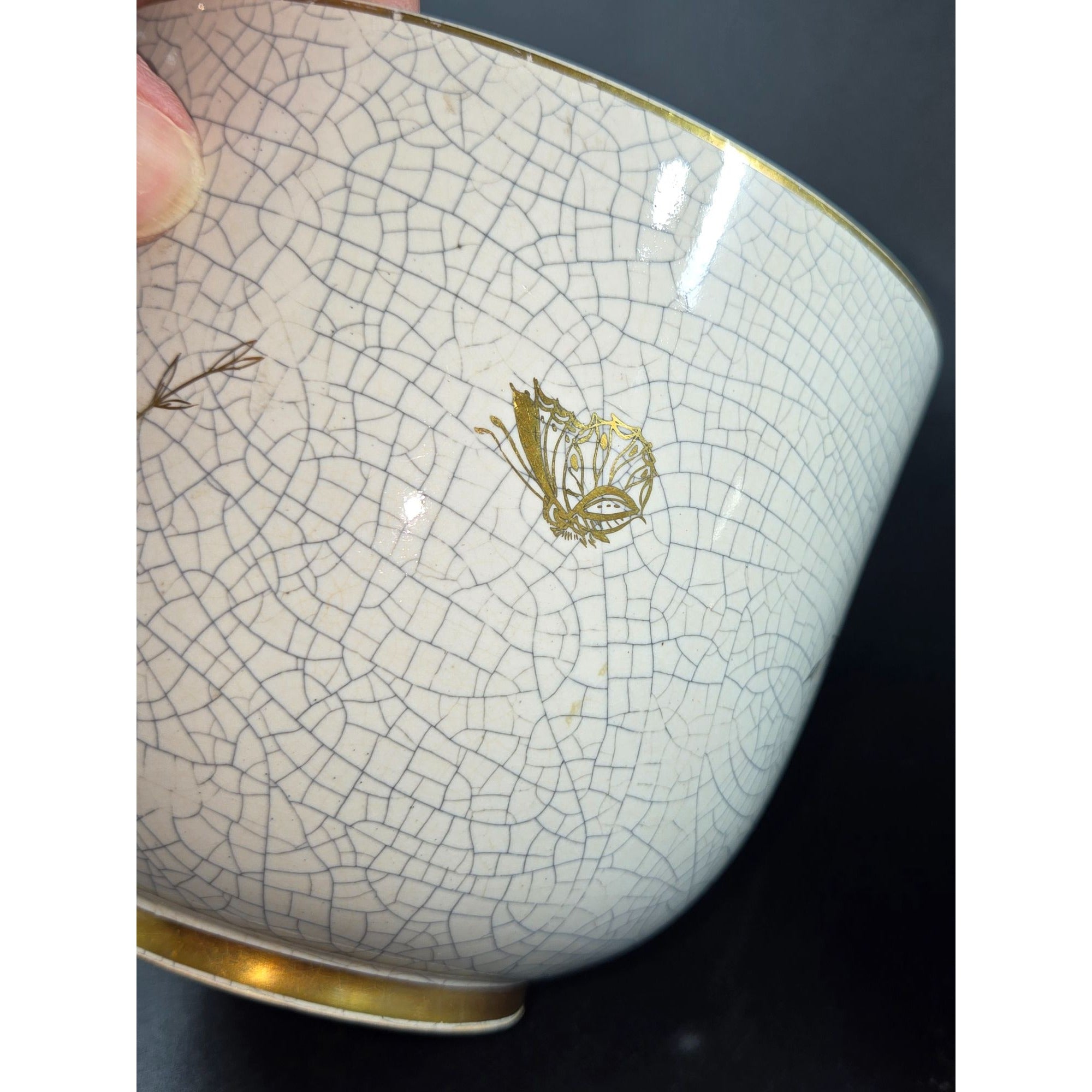 Vintage Handerbeit German Crackle Ceramic Cache'Bowl & Pitcher Set With Gold Leaf Fern & Horse Design