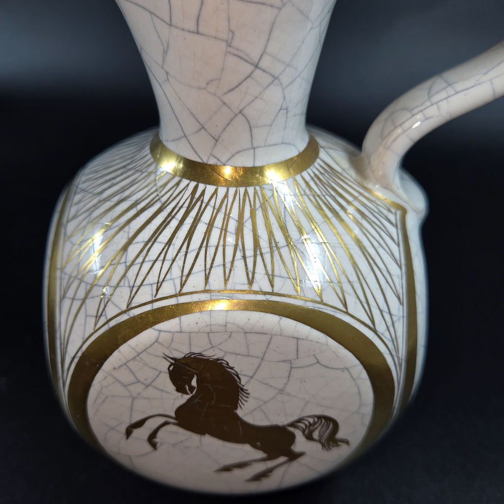 Vintage Handerbeit German Crackle Ceramic Cache'Bowl & Pitcher Set With Gold Leaf Fern & Horse Design