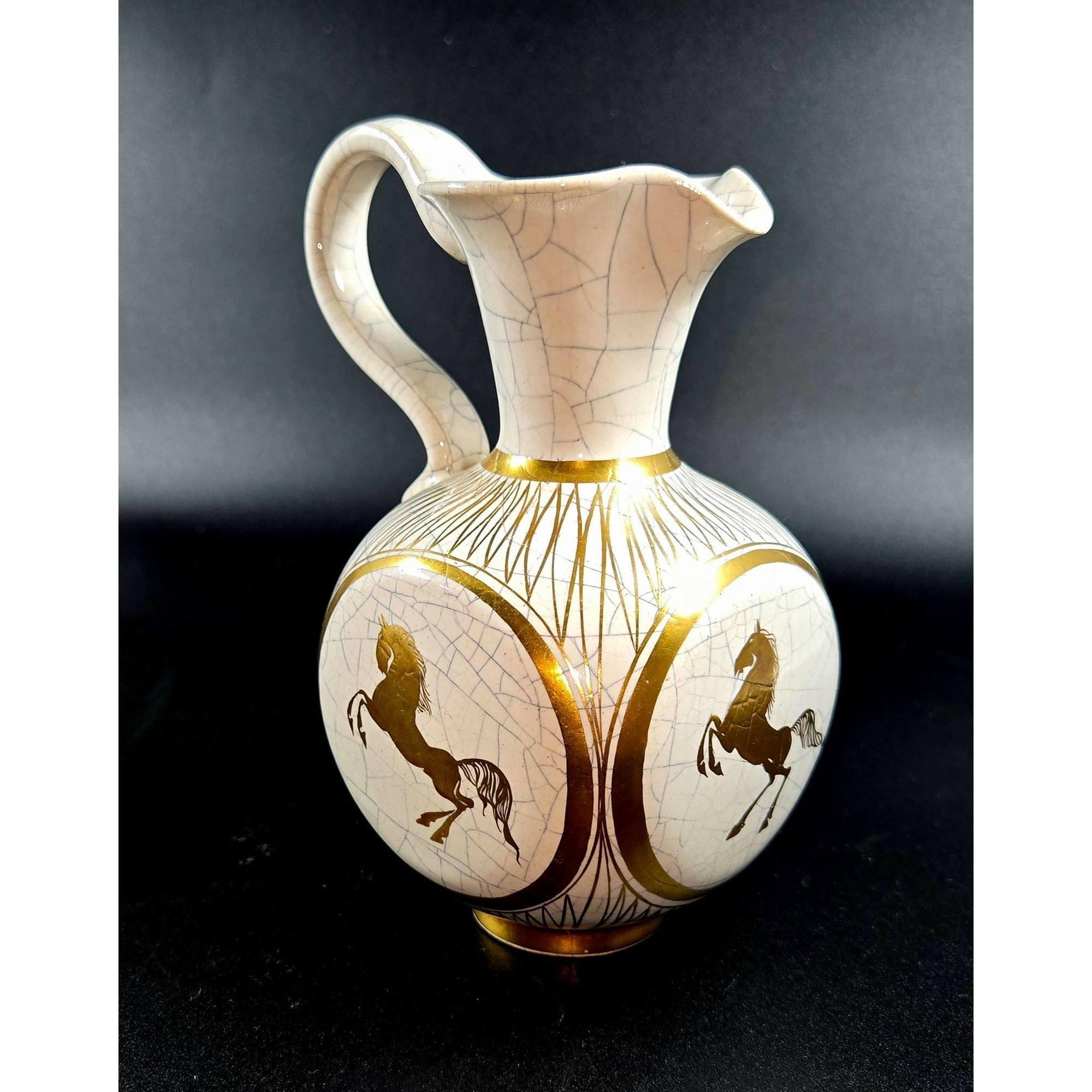 Vintage Handerbeit German Crackle Ceramic Cache'Bowl & Pitcher Set With Gold Leaf Fern & Horse Design