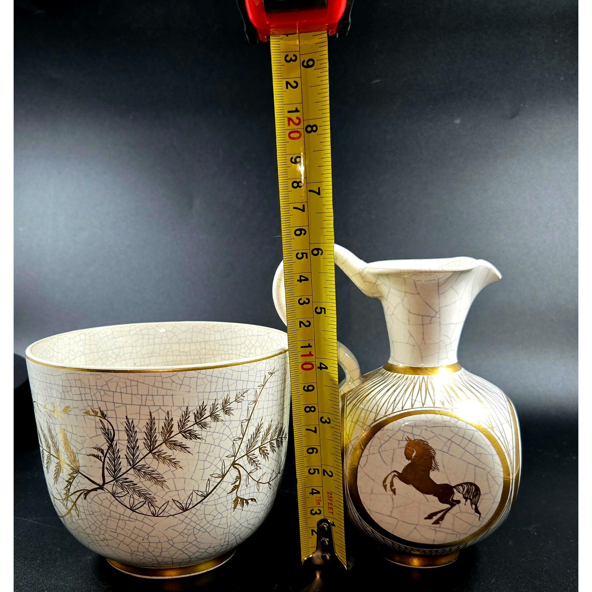 Vintage Handerbeit German Crackle Ceramic Cache'Bowl & Pitcher Set With Gold Leaf Fern & Horse Design