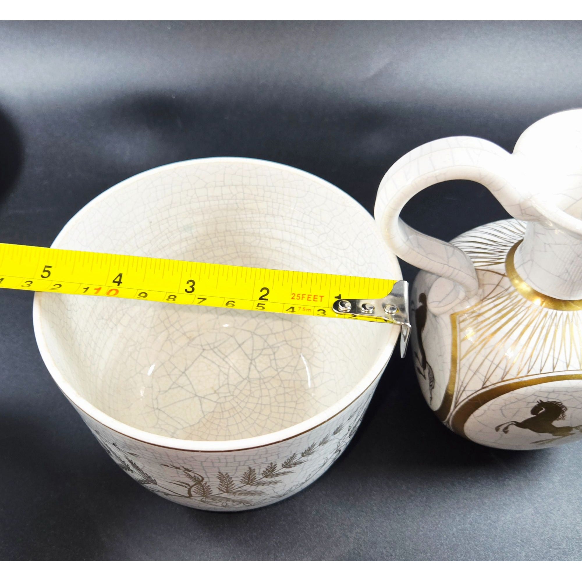 Vintage Handerbeit German Crackle Ceramic Cache'Bowl & Pitcher Set With Gold Leaf Fern & Horse Design