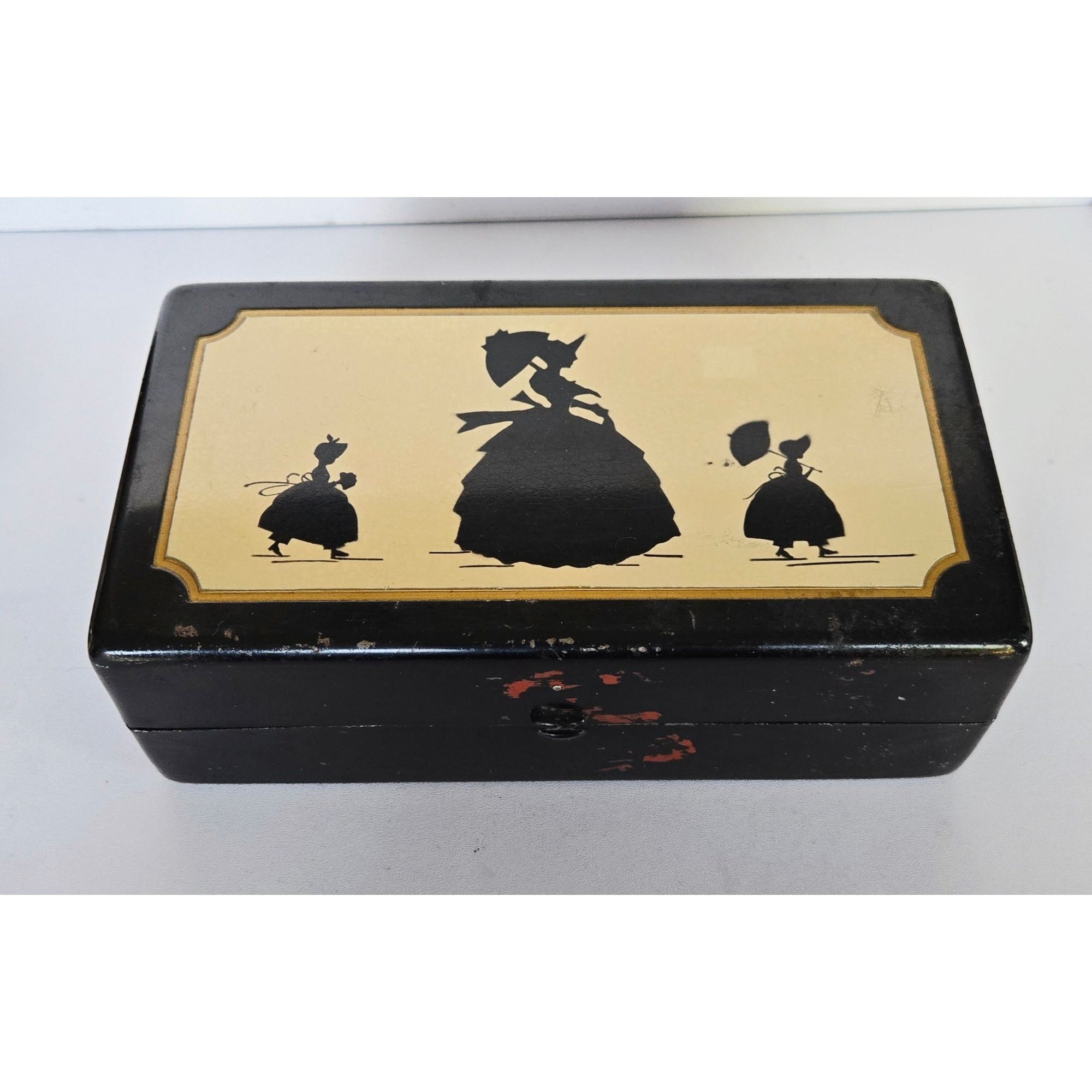 Vintage McDonough Sewing Box Black Tin Box Silhouette Artwork Folding Storage