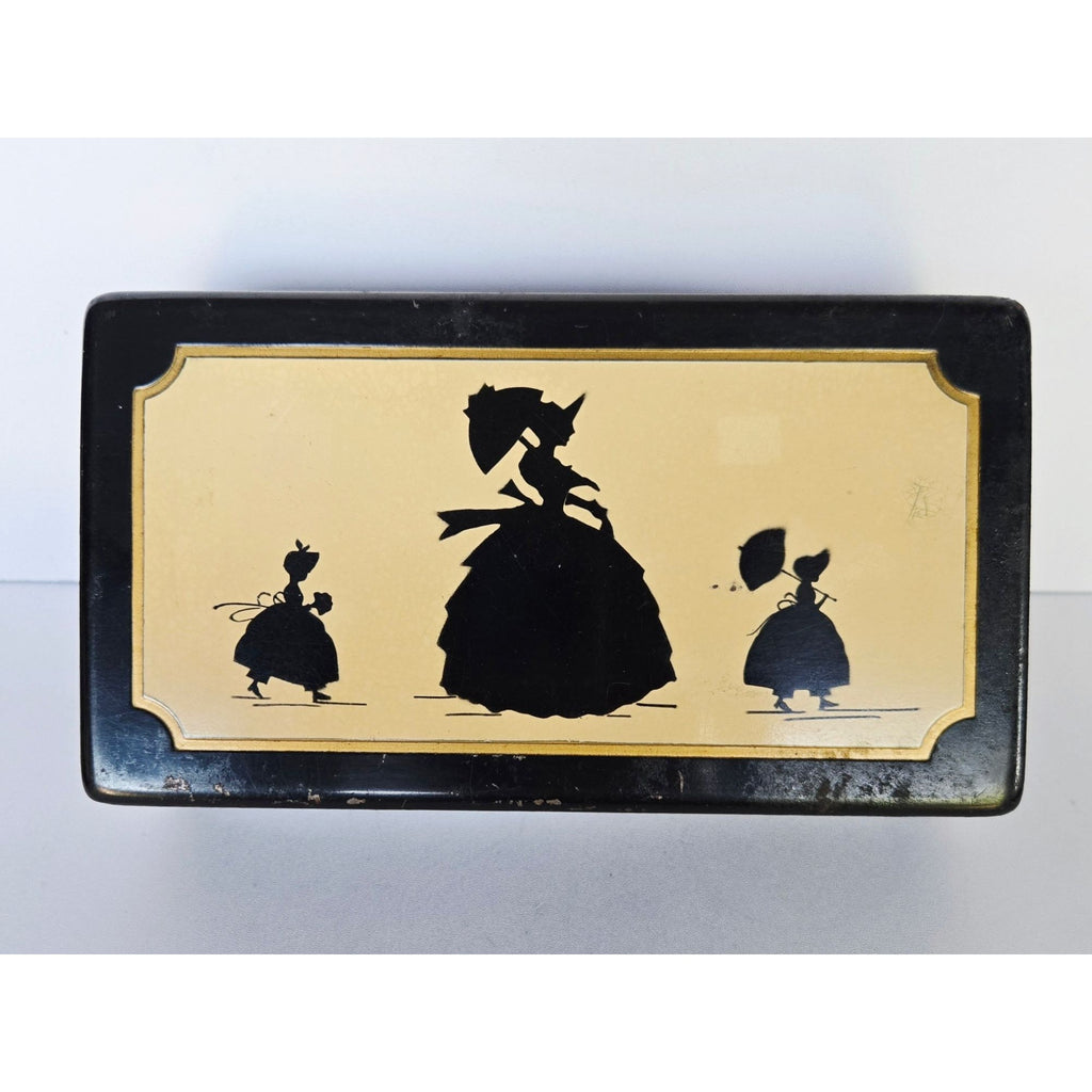 Vintage McDonough Sewing Box Black Tin Box Silhouette Artwork Folding Storage