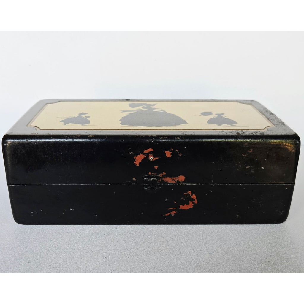 Vintage McDonough Sewing Box Black Tin Box Silhouette Artwork Folding Storage