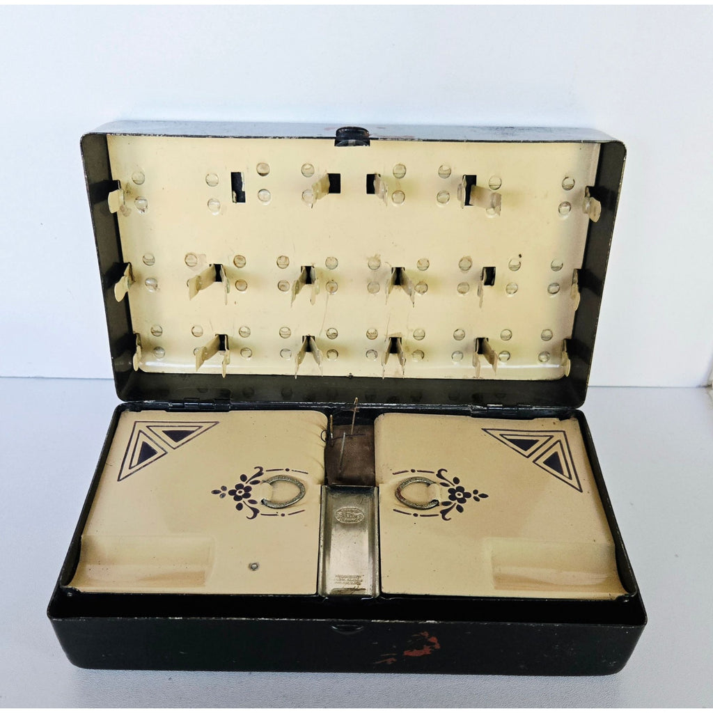 Vintage McDonough Sewing Box Black Tin Box Silhouette Artwork Folding Storage