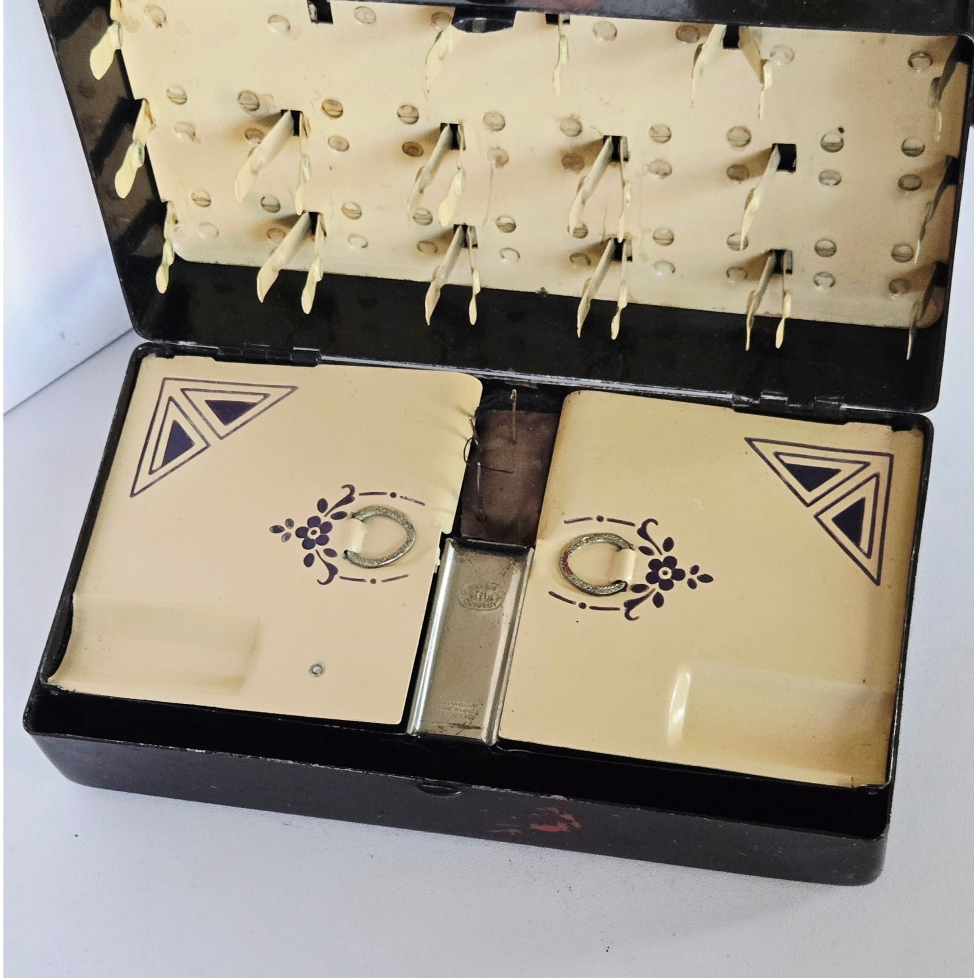 Vintage McDonough Sewing Box Black Tin Box Silhouette Artwork Folding Storage