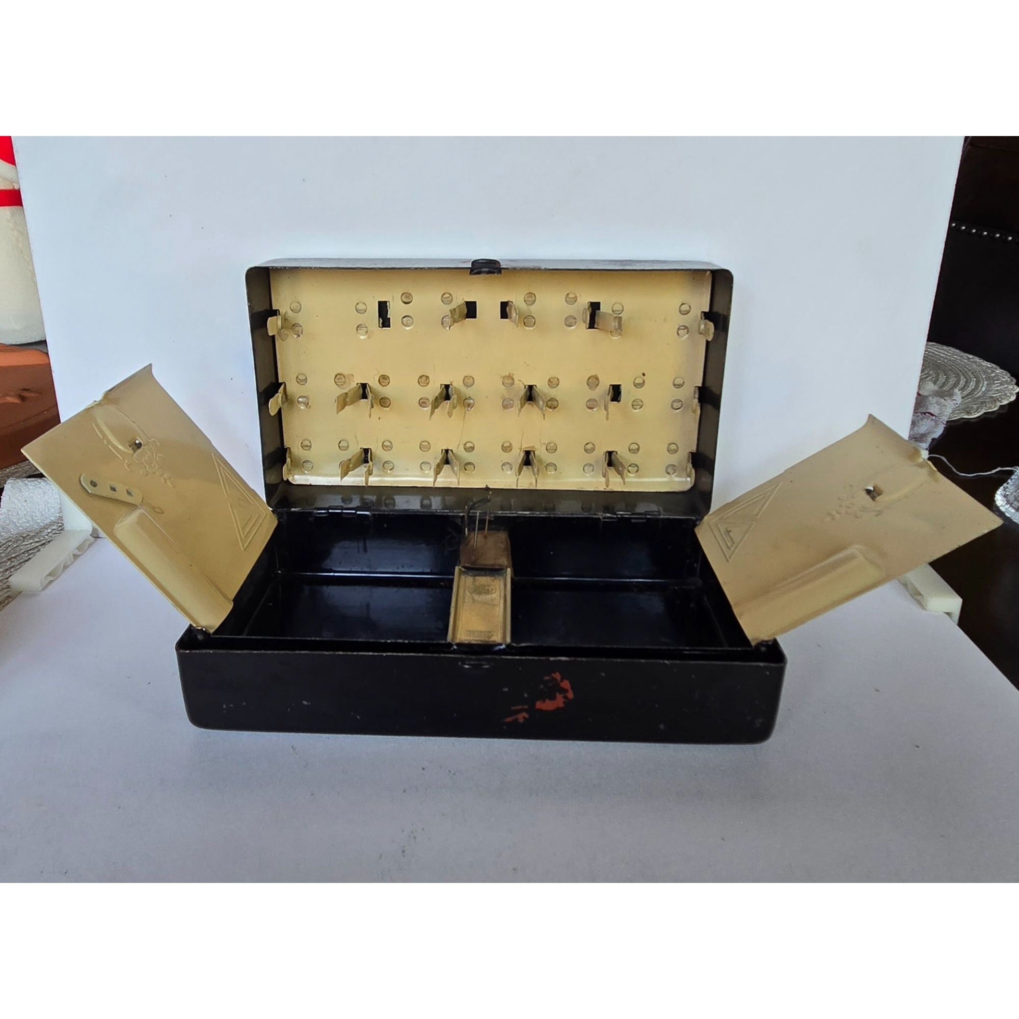Vintage McDonough Sewing Box Black Tin Box Silhouette Artwork Folding Storage