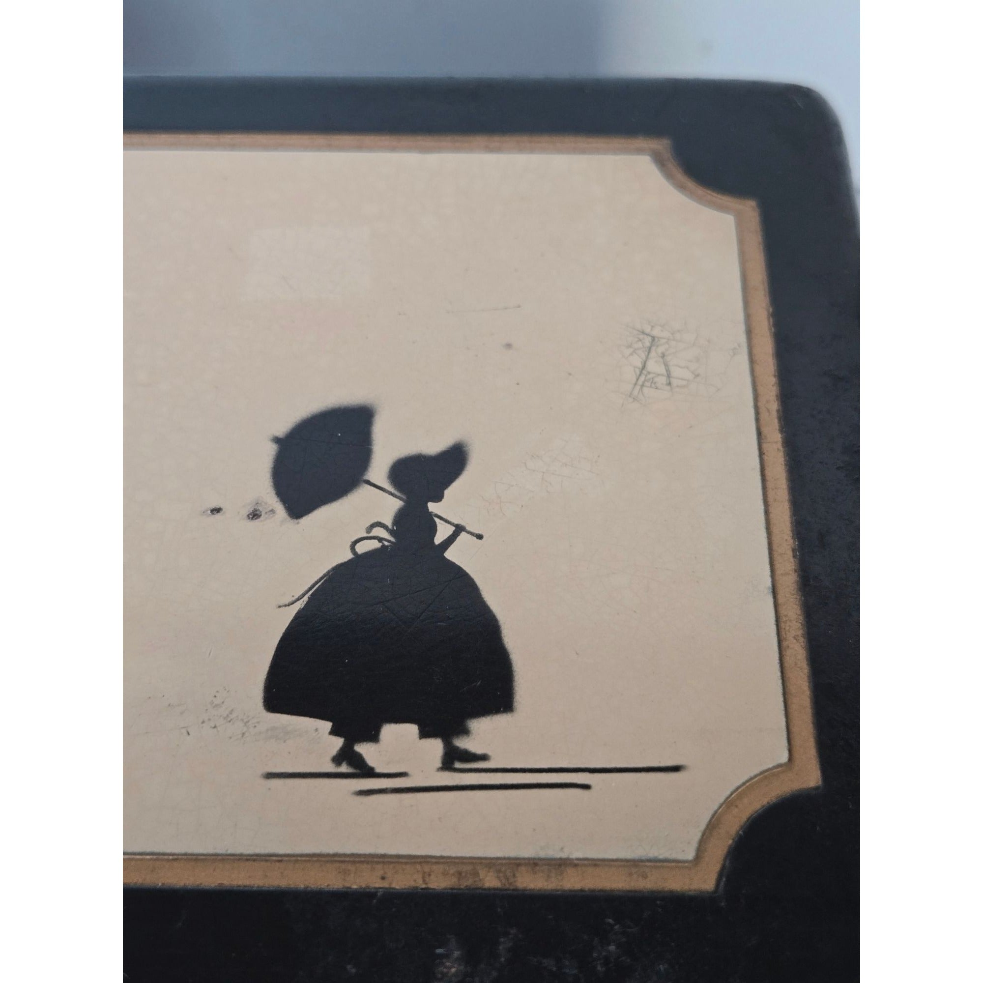 Vintage McDonough Sewing Box Black Tin Box Silhouette Artwork Folding Storage