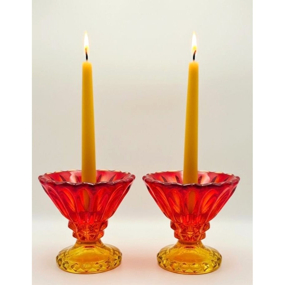 Pair of Indiana Glass Red, Amberina Glass Candleholders W/Scalloped Rims