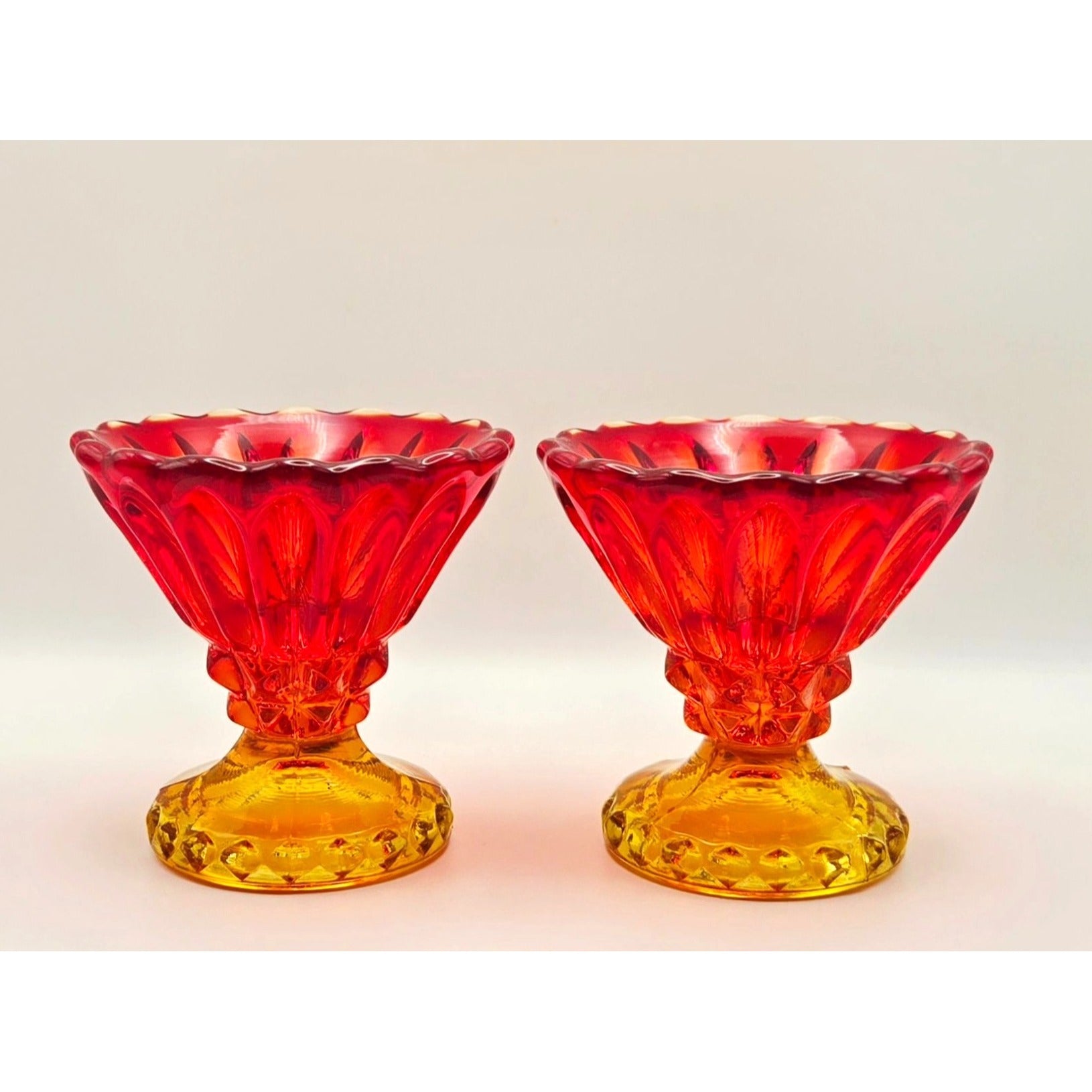 Pair of Indiana Glass Red, Amberina Glass Candleholders W/Scalloped Rims