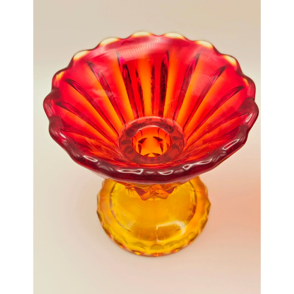 Pair of Indiana Glass Red, Amberina Glass Candleholders W/Scalloped Rims