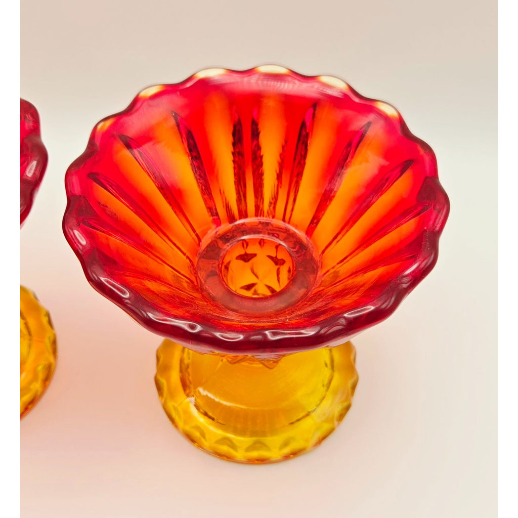Pair of Indiana Glass Red, Amberina Glass Candleholders W/Scalloped Rims