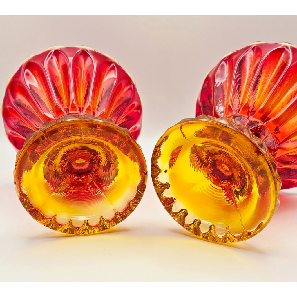 Pair of Indiana Glass Red, Amberina Glass Candleholders W/Scalloped Rims