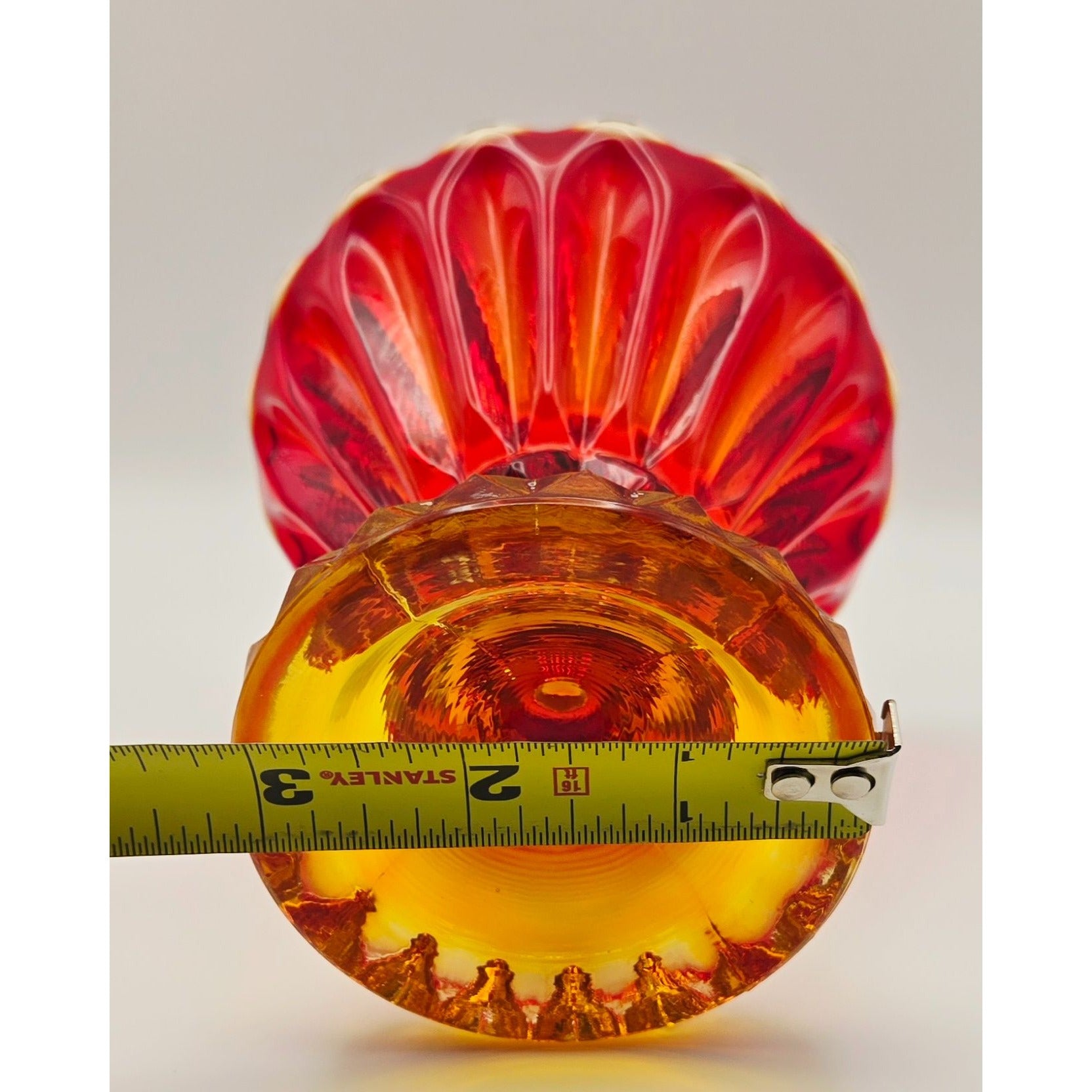 Pair of Indiana Glass Red, Amberina Glass Candleholders W/Scalloped Rims