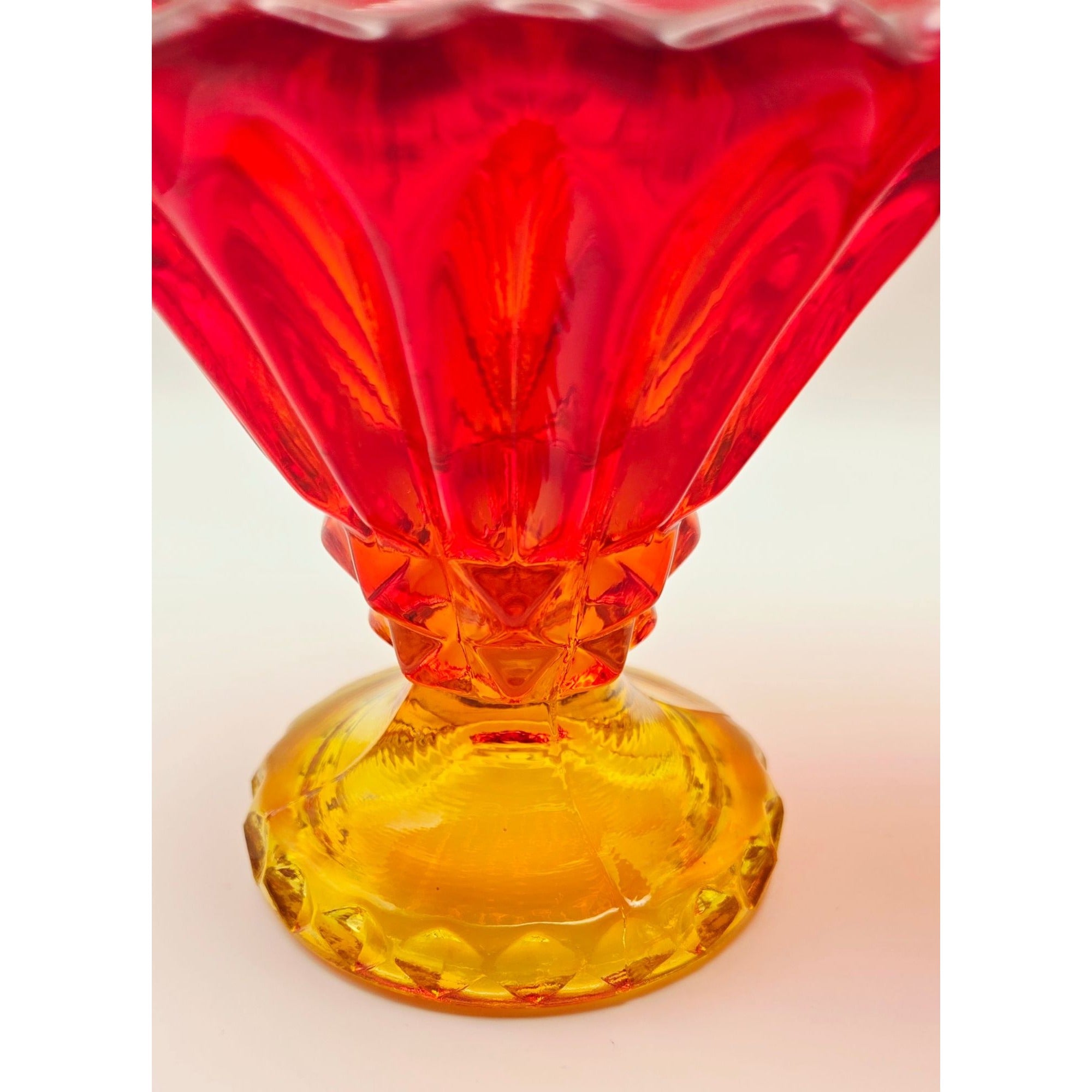 Pair of Indiana Glass Red, Amberina Glass Candleholders W/Scalloped Rims