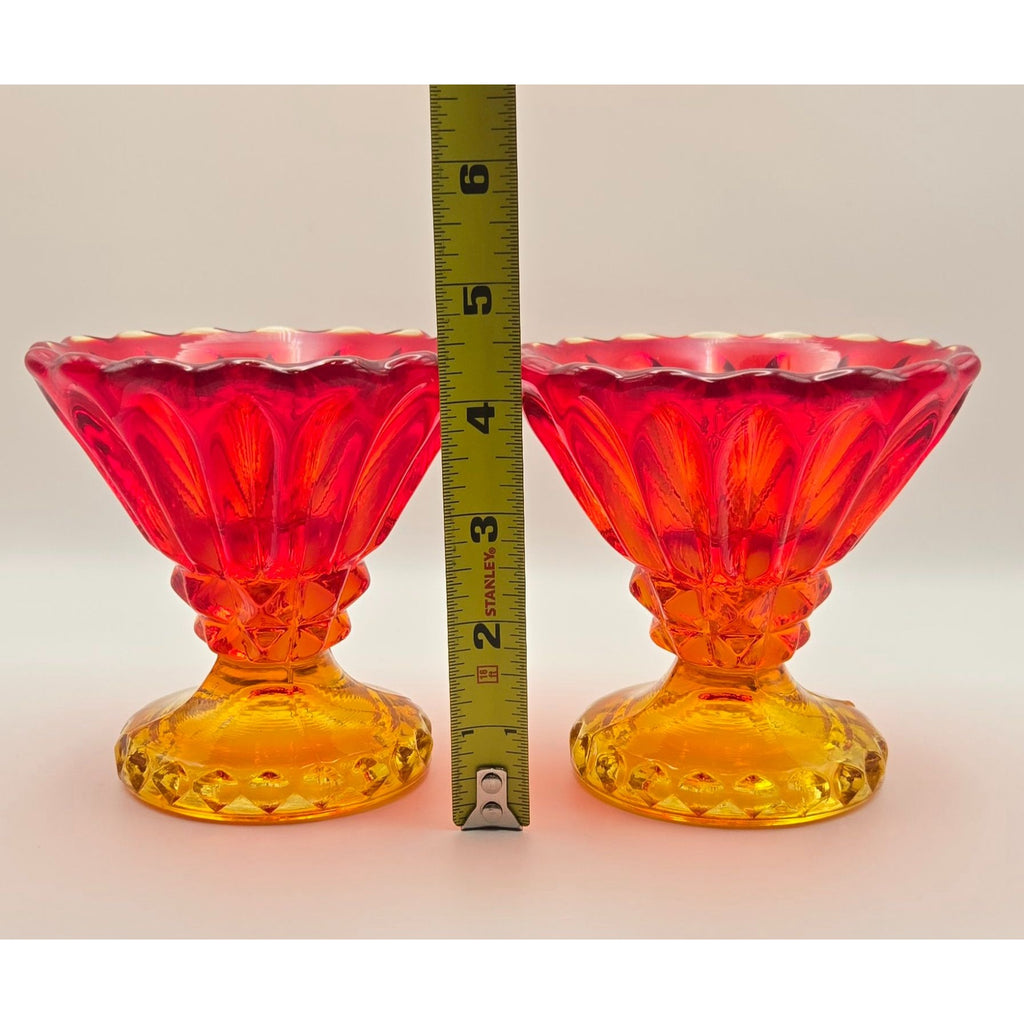 Pair of Indiana Glass Red, Amberina Glass Candleholders W/Scalloped Rims