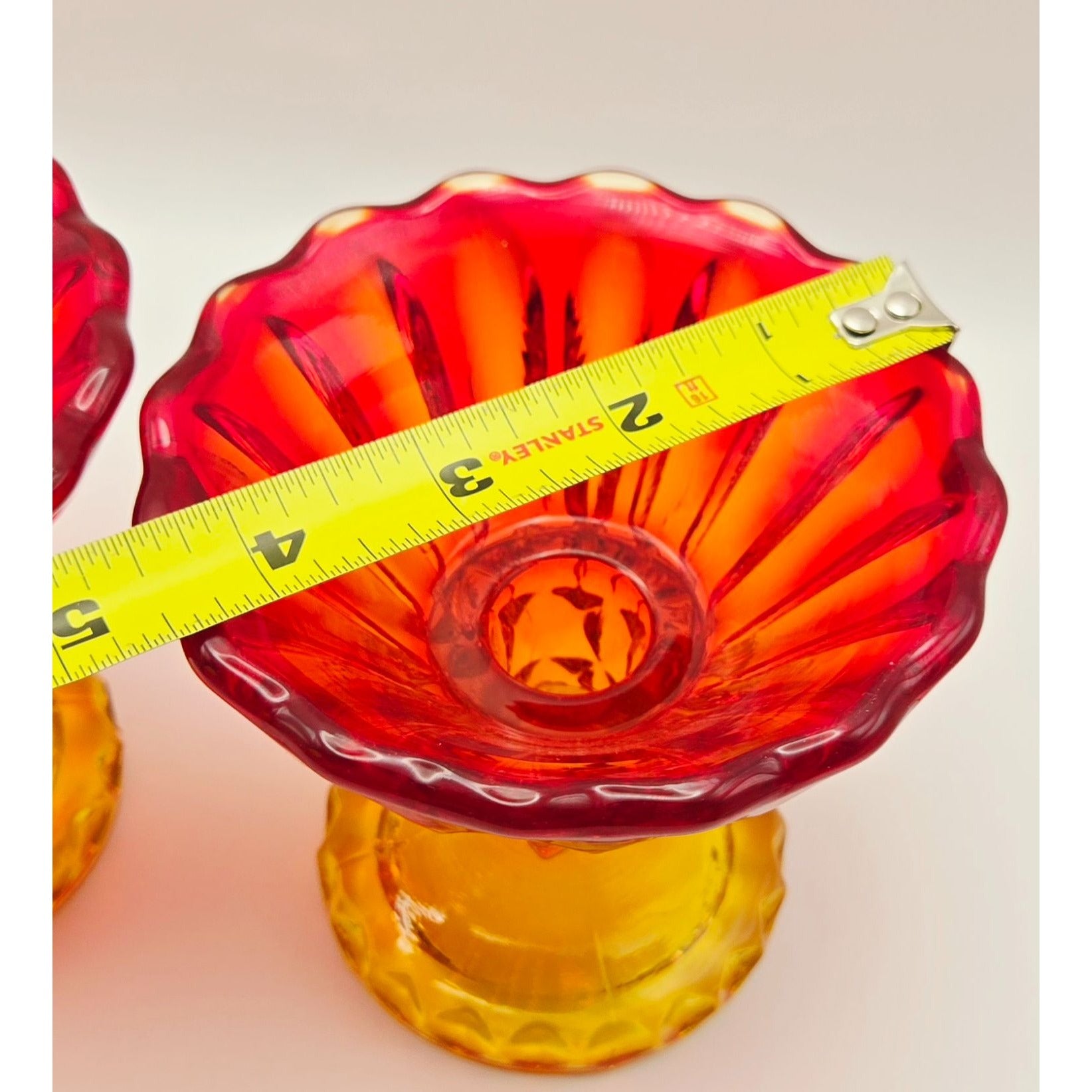 Pair of Indiana Glass Red, Amberina Glass Candleholders W/Scalloped Rims