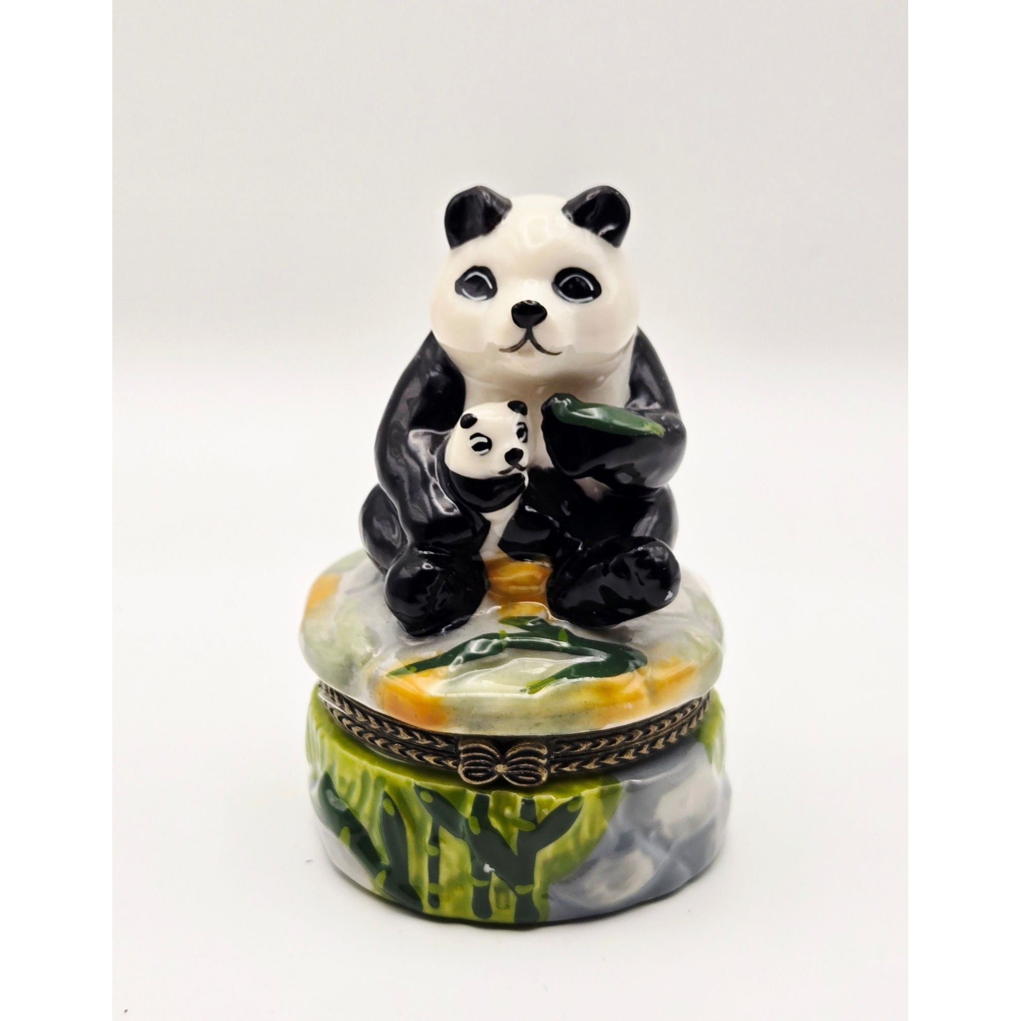 Panda Trinket Box With Baby Panda Figurine - Hand-Painted Ceramic Hinged Lid Collectible