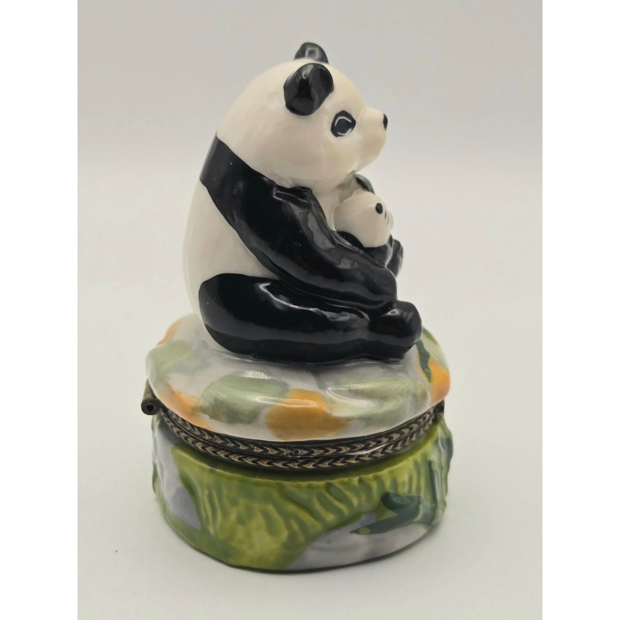 Panda Trinket Box With Baby Panda Figurine - Hand-Painted Ceramic Hinged Lid Collectible