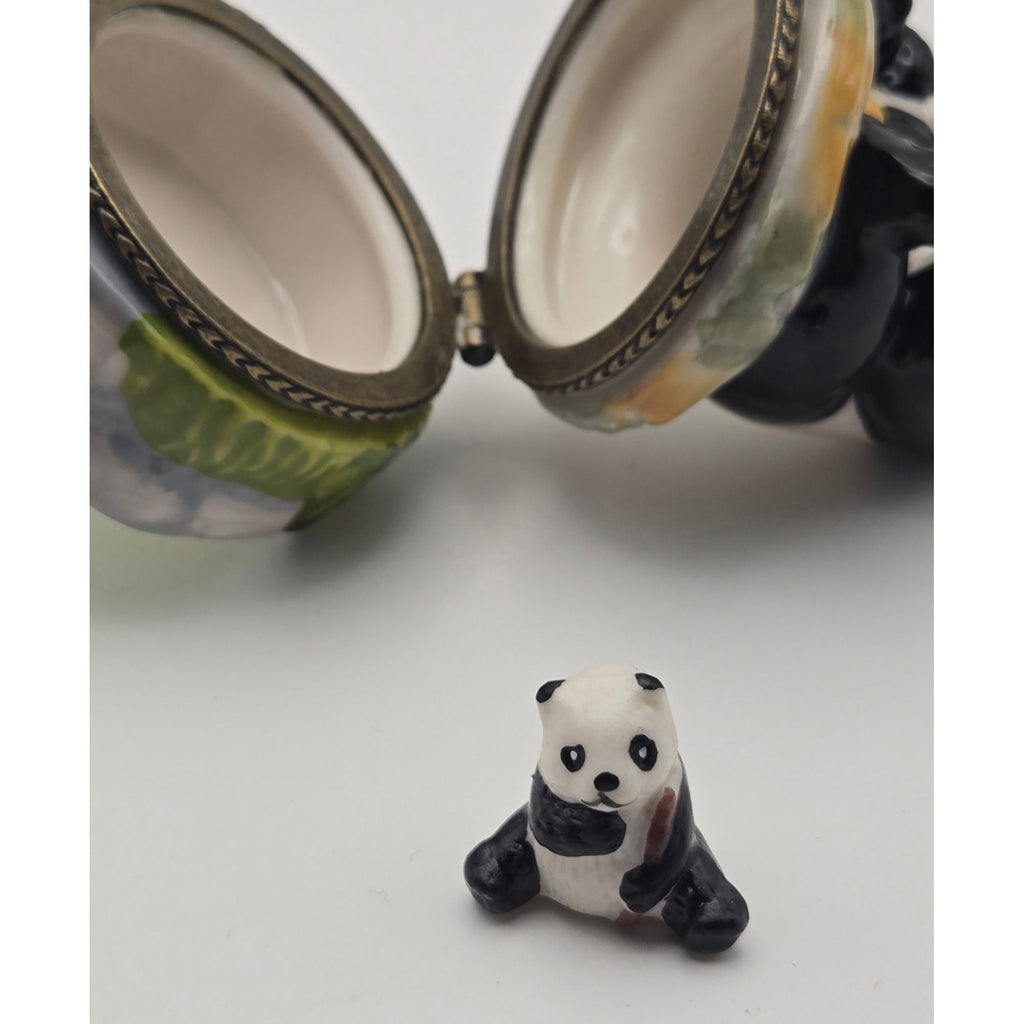 Panda Trinket Box With Baby Panda Figurine - Hand-Painted Ceramic Hinged Lid Collectible