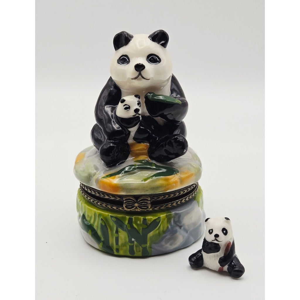 Panda Trinket Box With Baby Panda Figurine - Hand-Painted Ceramic Hinged Lid Collectible