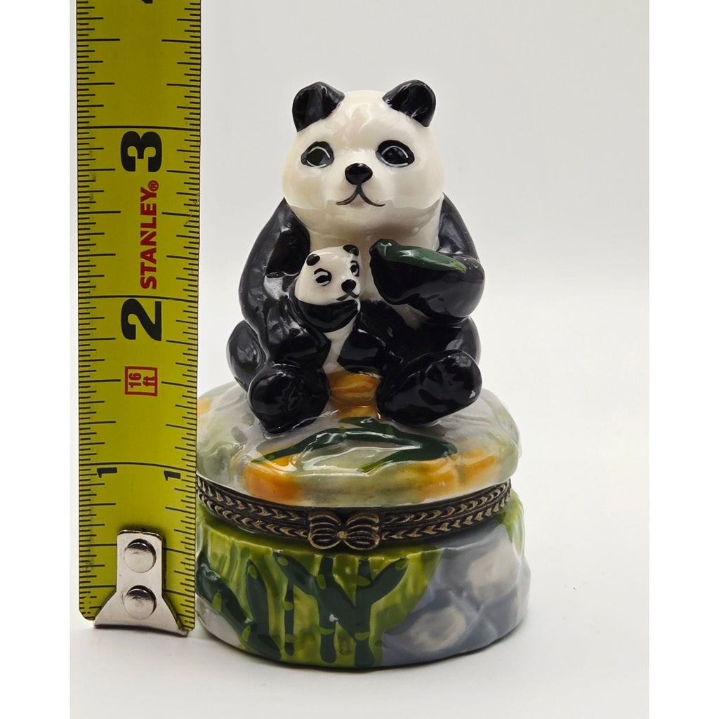 Panda Trinket Box With Baby Panda Figurine - Hand-Painted Ceramic Hinged Lid Collectible