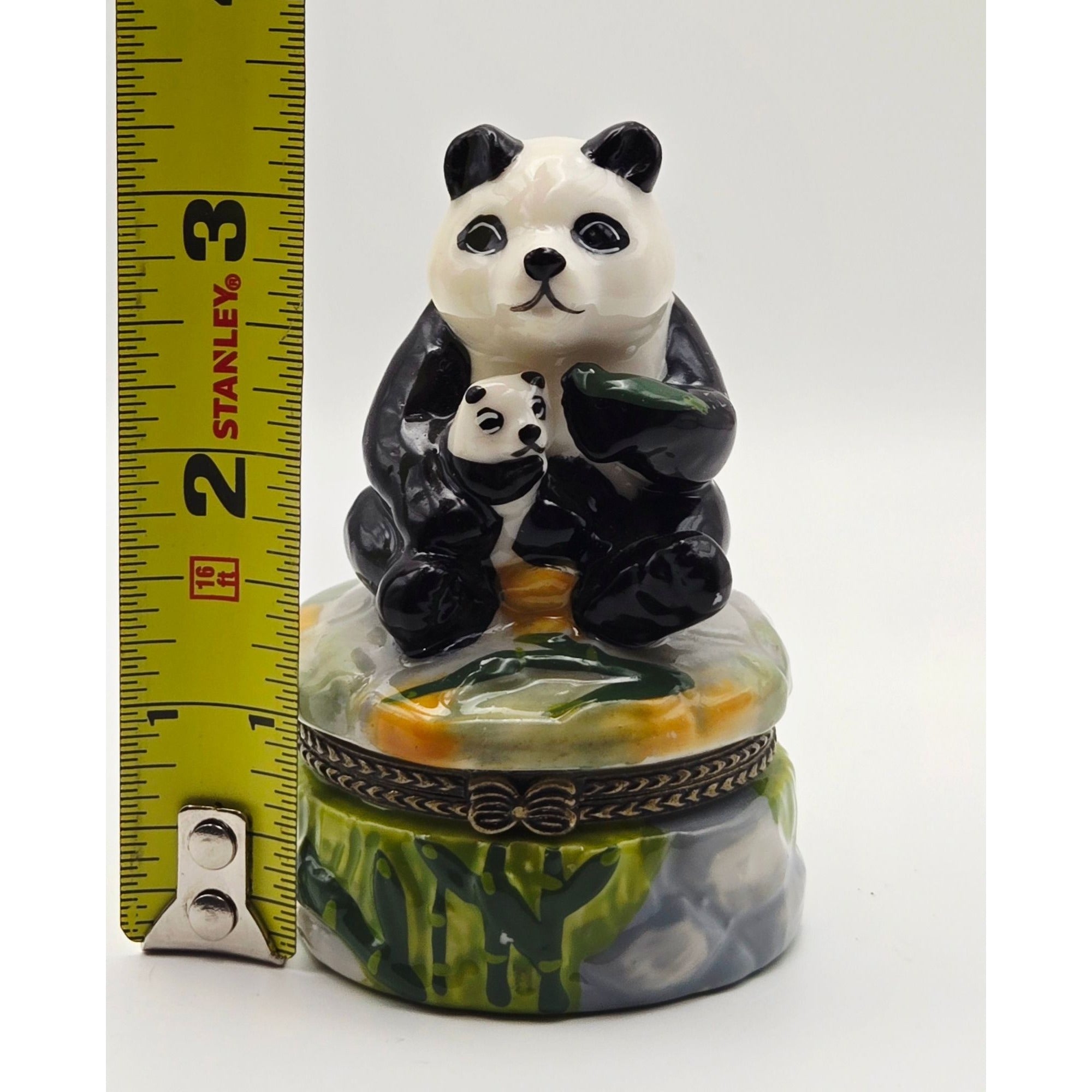 Panda Trinket Box With Baby Panda Figurine - Hand-Painted Ceramic Hinged Lid Collectible