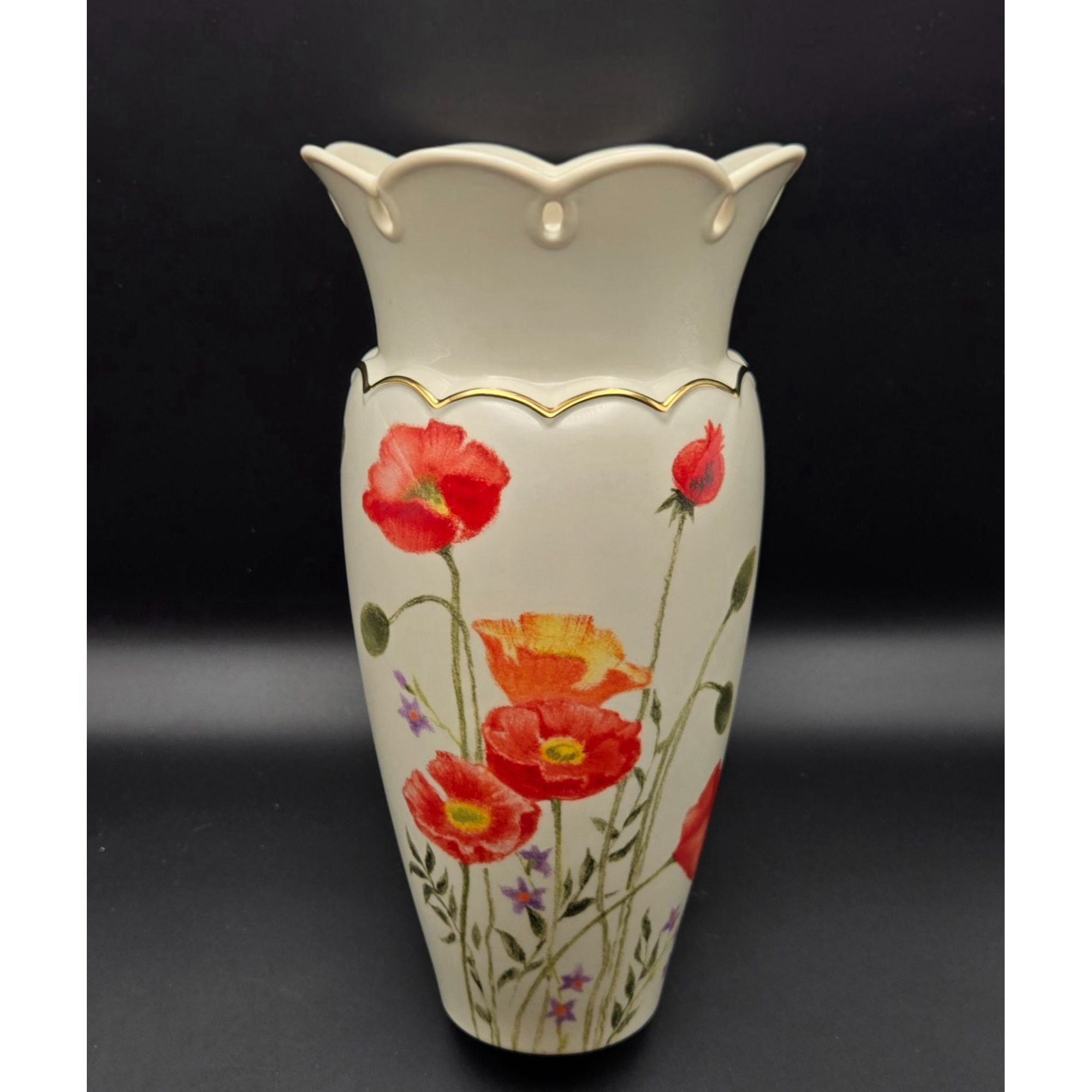 Large Poppies on Pink Cream Floral Vase by Lenox, Excellent Condition