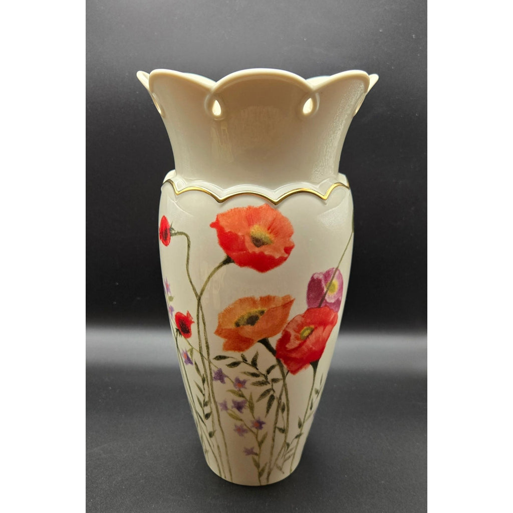 Large Poppies on Pink Cream Floral Vase by Lenox, Excellent Condition