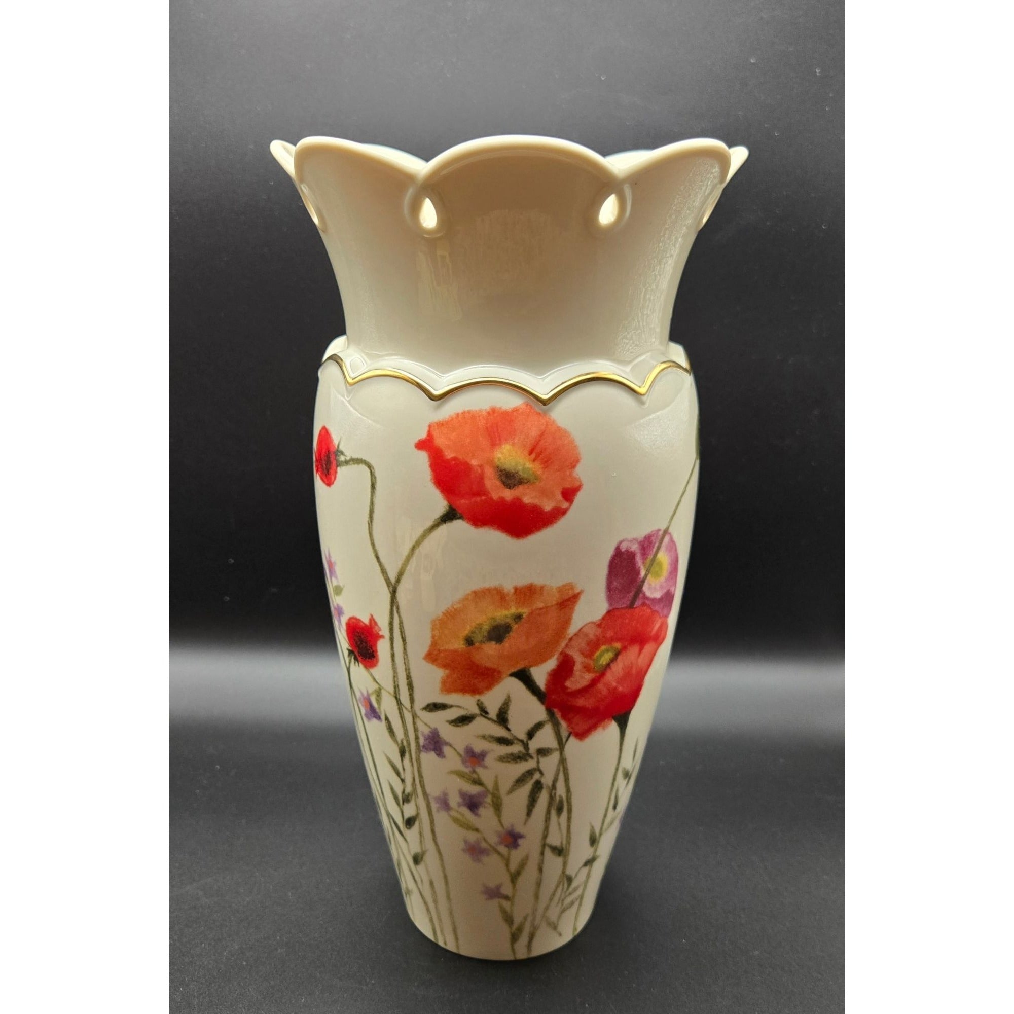Large Poppies on Pink Cream Floral Vase by Lenox, Excellent Condition