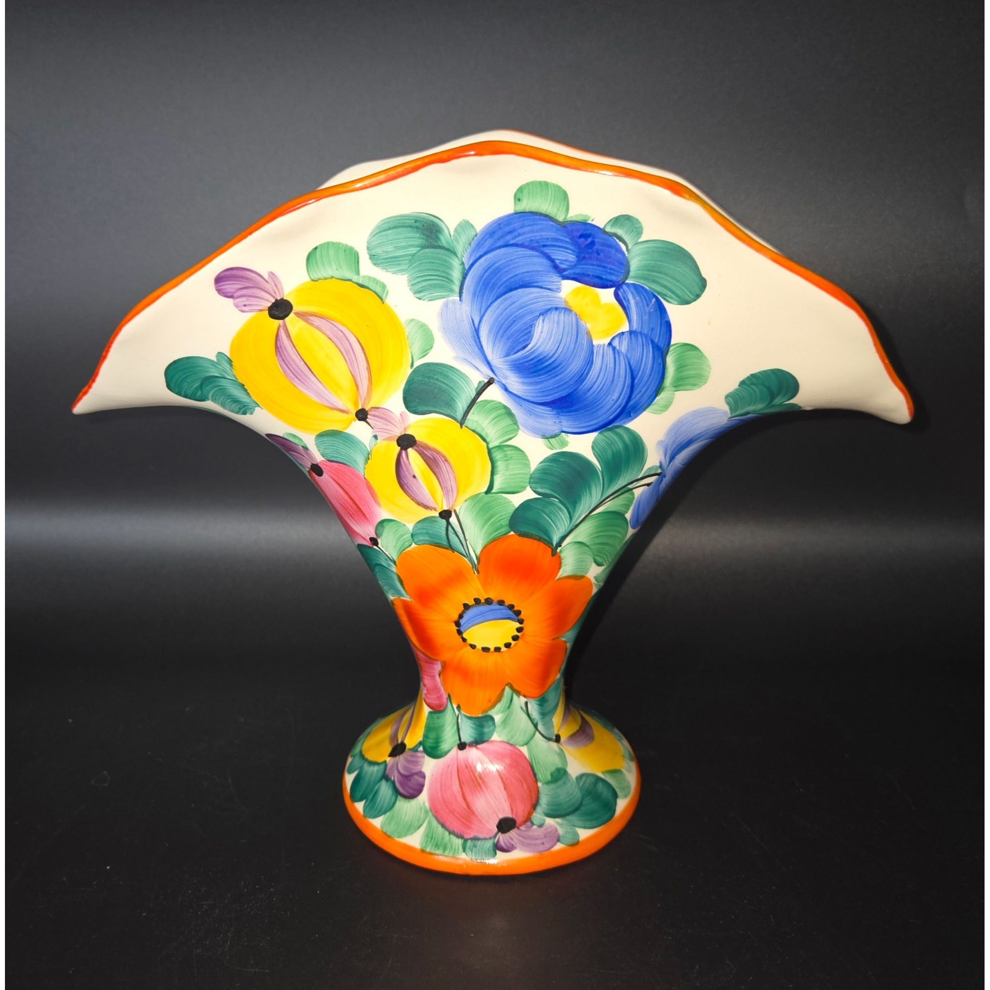 1940s Czech Ditmar Urbach Floral Peasant Ware Fan Vase