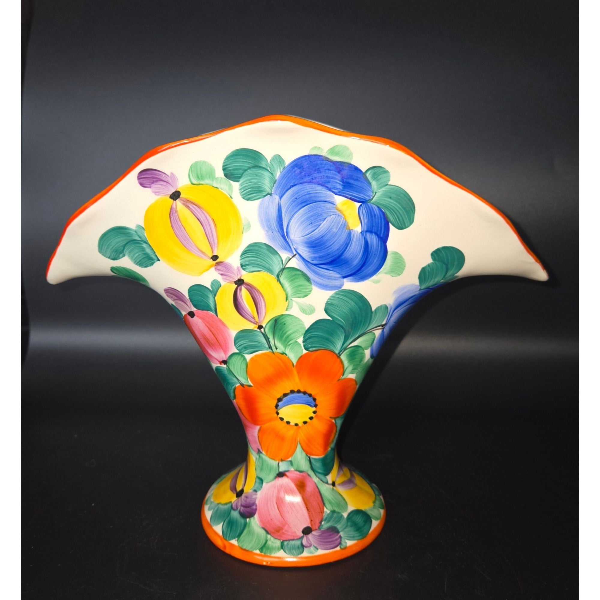 1940s Czech Ditmar Urbach Floral Peasant Ware Fan Vase
