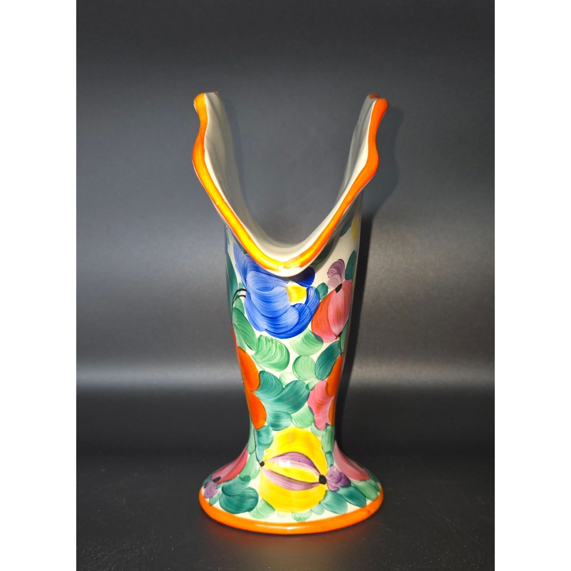 1940s Czech Ditmar Urbach Floral Peasant Ware Fan Vase
