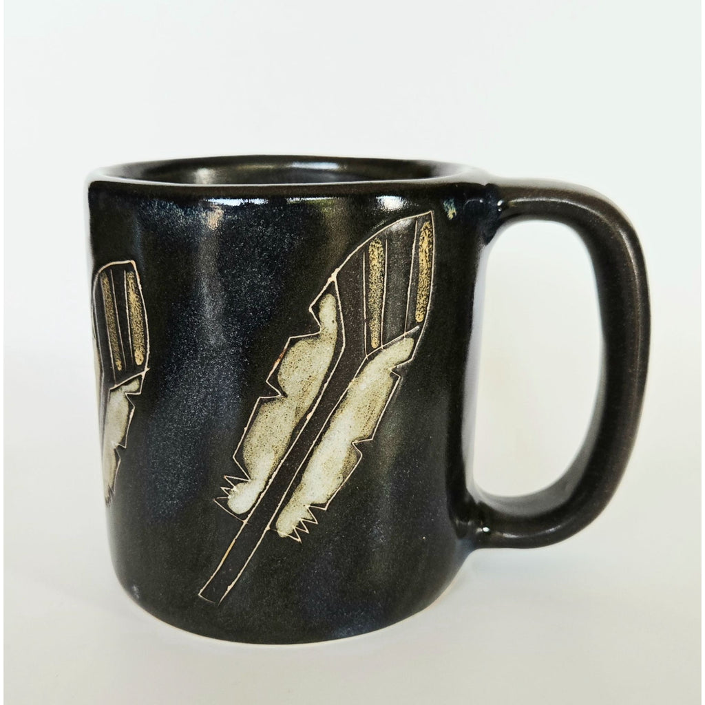 Handmade Mara Stoneware Mug With Feather Design - 4.25" Tall - Black & Beige - Artisan Coffee Cup