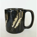Handmade Mara Stoneware Mug With Feather Design - 4.25" Tall - Black & Beige - Artisan Coffee Cup