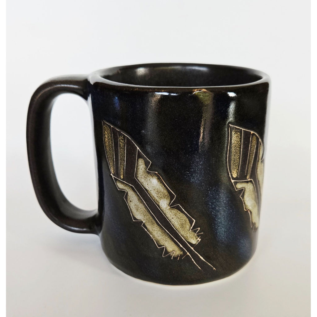 Handmade Mara Stoneware Mug With Feather Design - 4.25" Tall - Black & Beige - Artisan Coffee Cup