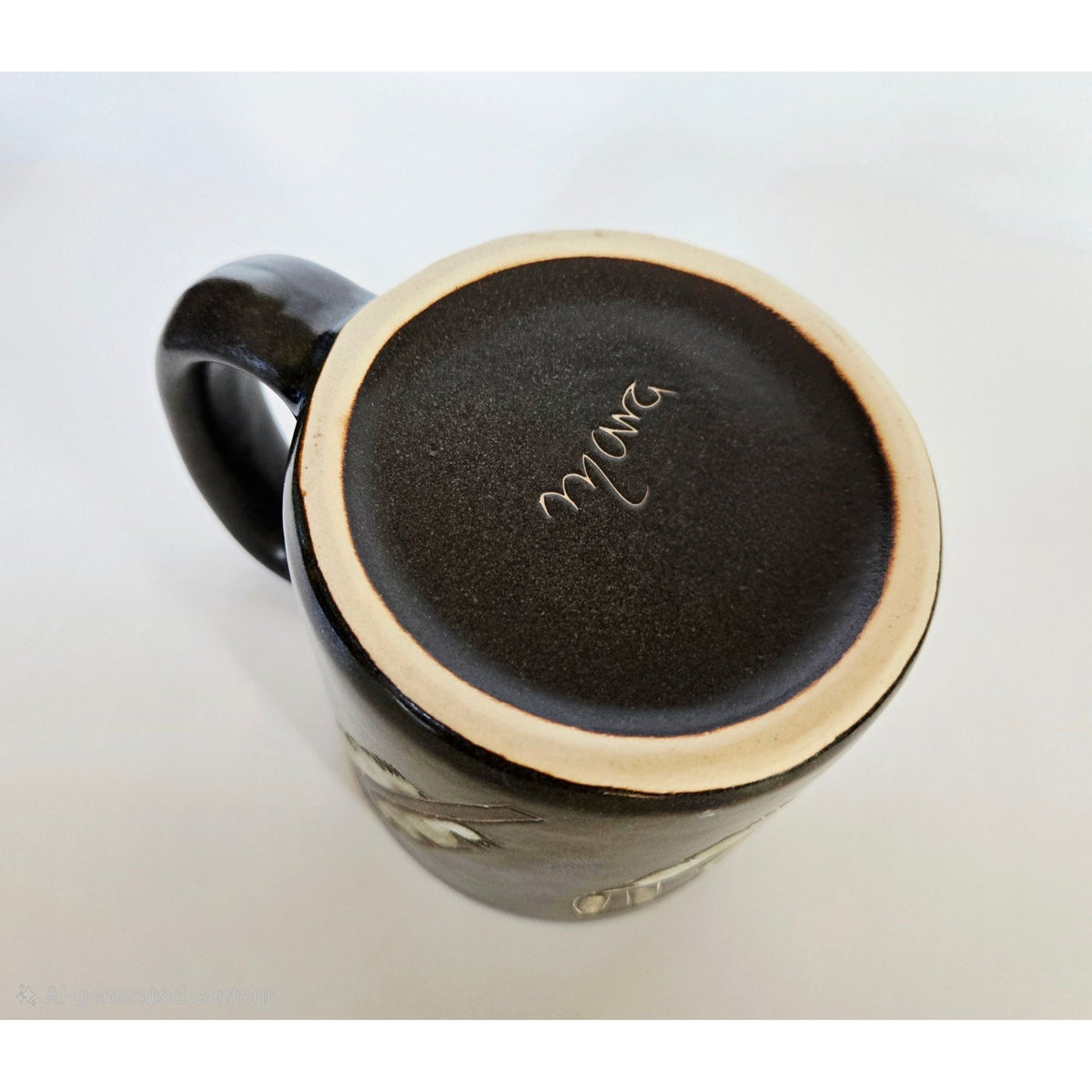 Handmade Mara Stoneware Mug With Feather Design - 4.25" Tall - Black & Beige - Artisan Coffee Cup