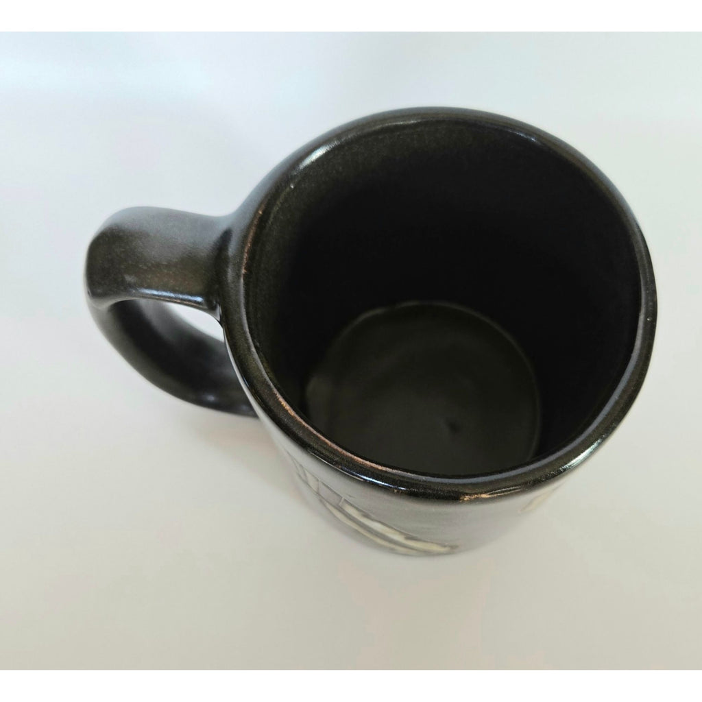 Handmade Mara Stoneware Mug With Feather Design - 4.25" Tall - Black & Beige - Artisan Coffee Cup