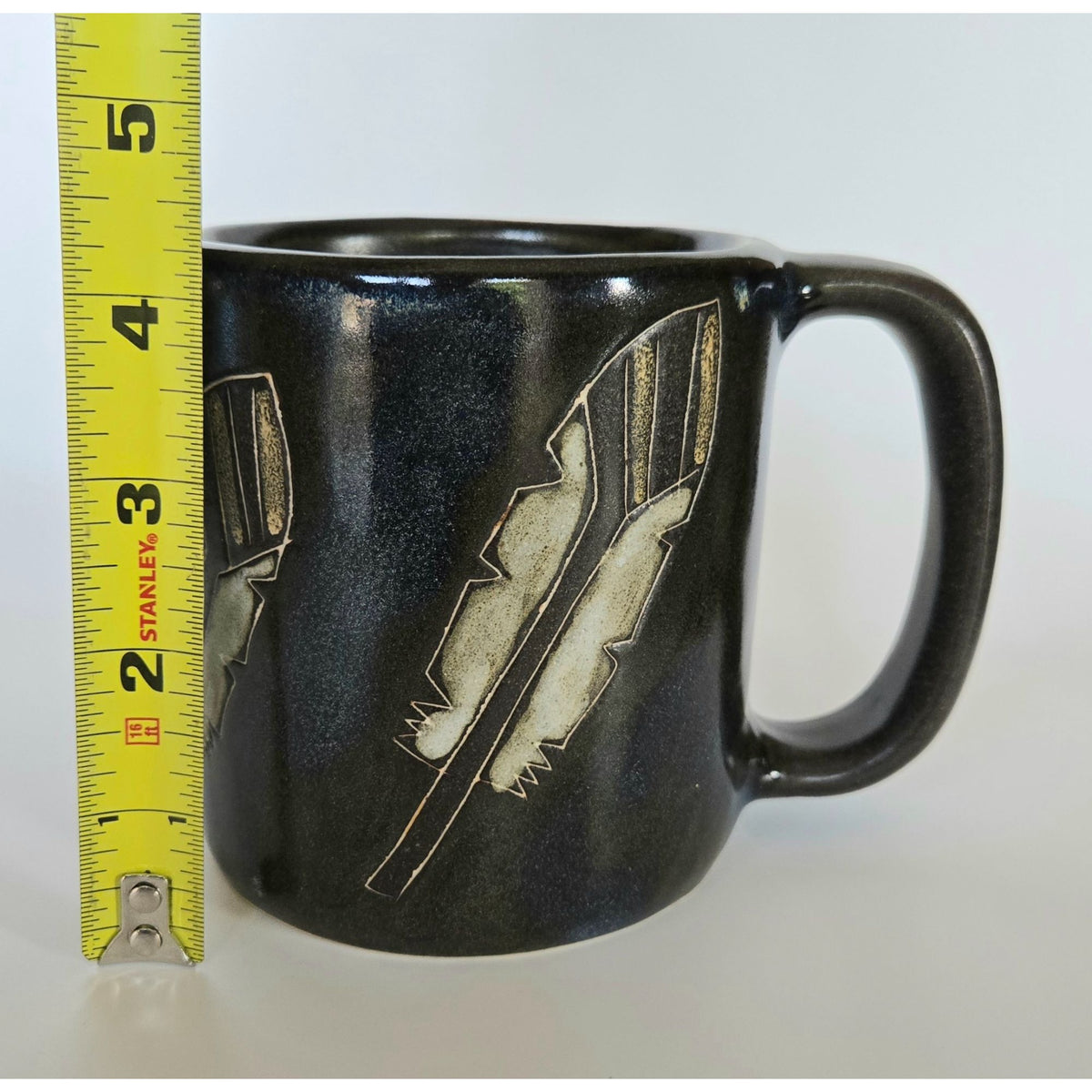 Handmade Mara Stoneware Mug With Feather Design - 4.25" Tall - Black & Beige - Artisan Coffee Cup