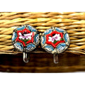 Vintage Micro Mosaic Screw-Back Earrings With Floral Design Red & Blue Accents, Italy