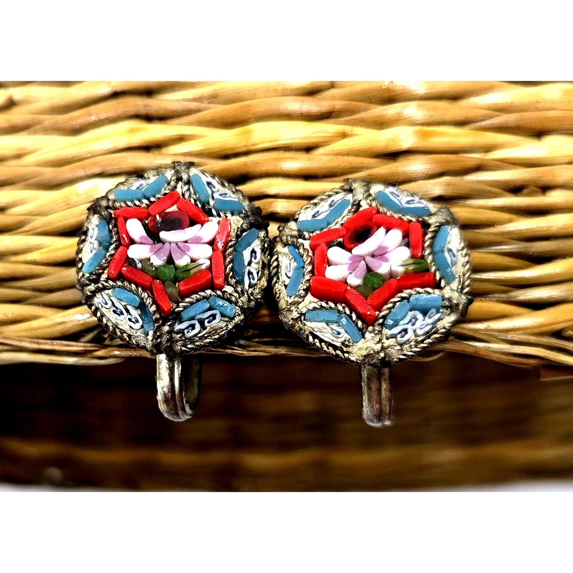 Vintage Micro Mosaic Screw-Back Earrings With Floral Design Red & Blue Accents, Italy