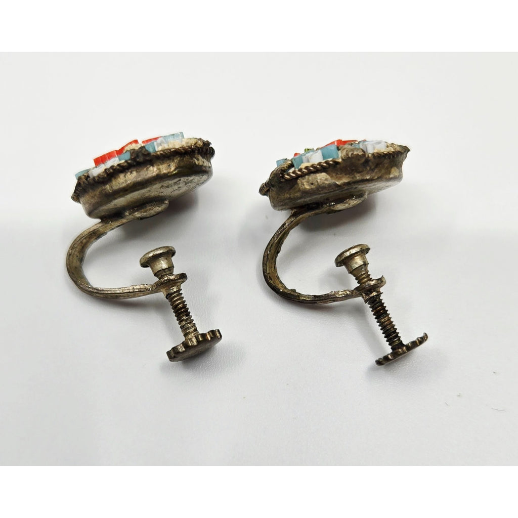 Vintage Micro Mosaic Screw-Back Earrings With Floral Design Red & Blue Accents, Italy