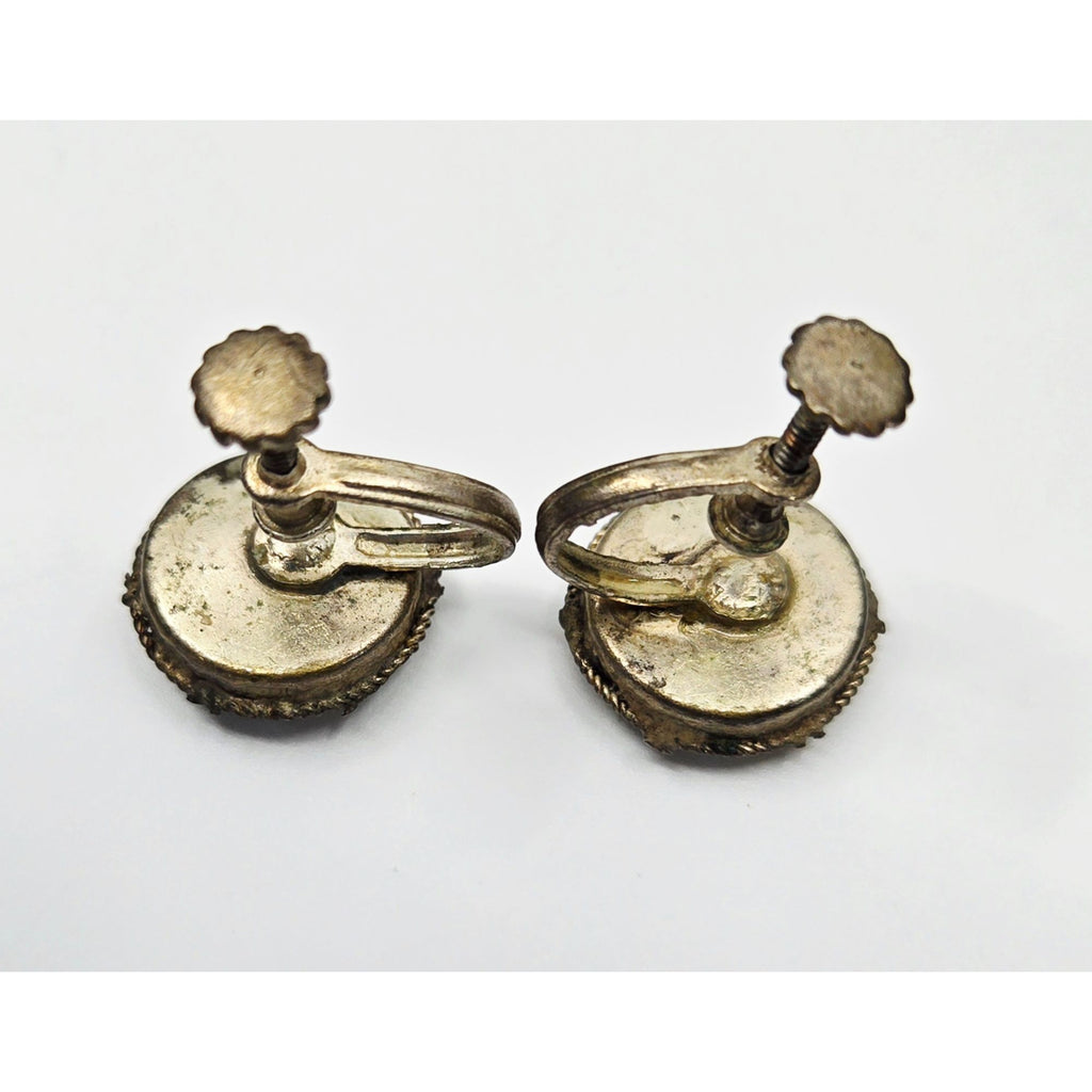 Vintage Micro Mosaic Screw-Back Earrings With Floral Design Red & Blue Accents, Italy