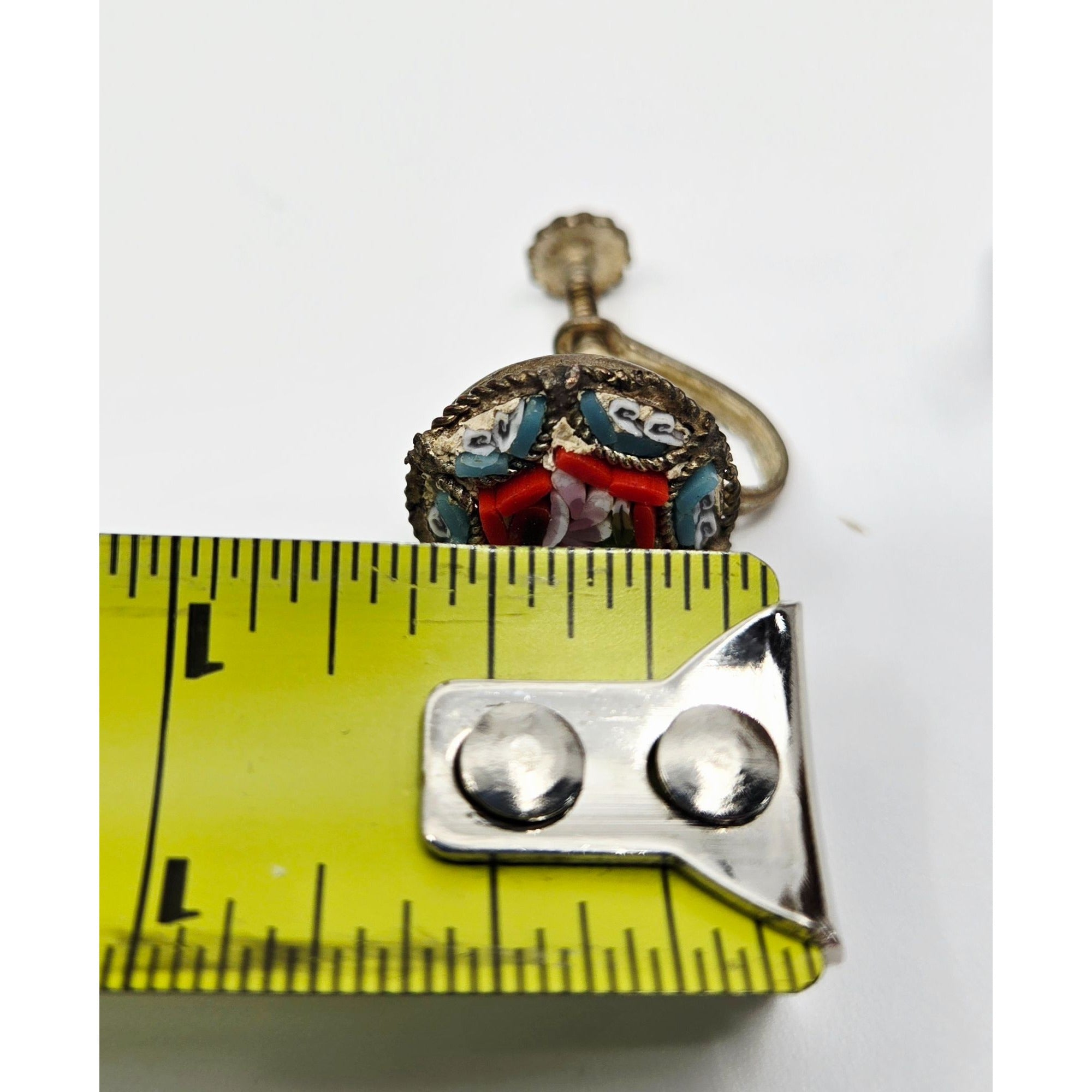 Vintage Micro Mosaic Screw-Back Earrings With Floral Design Red & Blue Accents, Italy