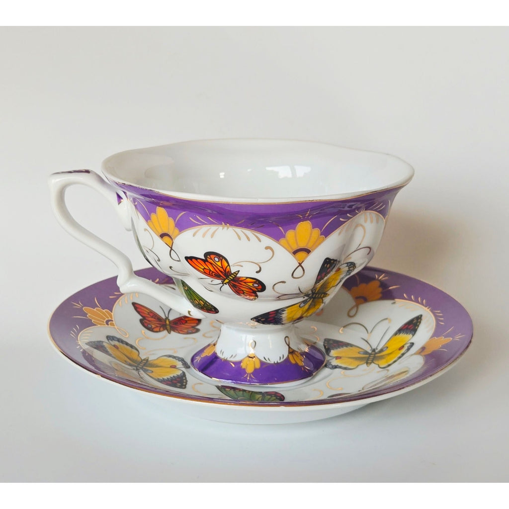 Rare ECHT Porcelain Butterfly Teacup Purple & Gold Accents - Germany