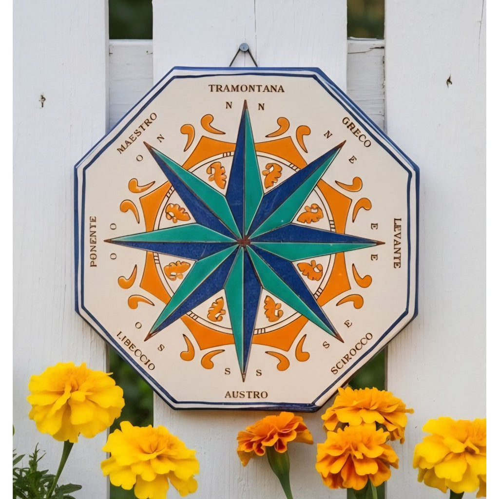 FRATANTONI Italian STONEWARE Octagonal Compass Rose Wall Plaque - Blue Green
