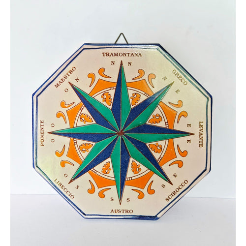 FRATANTONI Italian STONEWARE Octagonal Compass Rose Wall Plaque - Blue Green