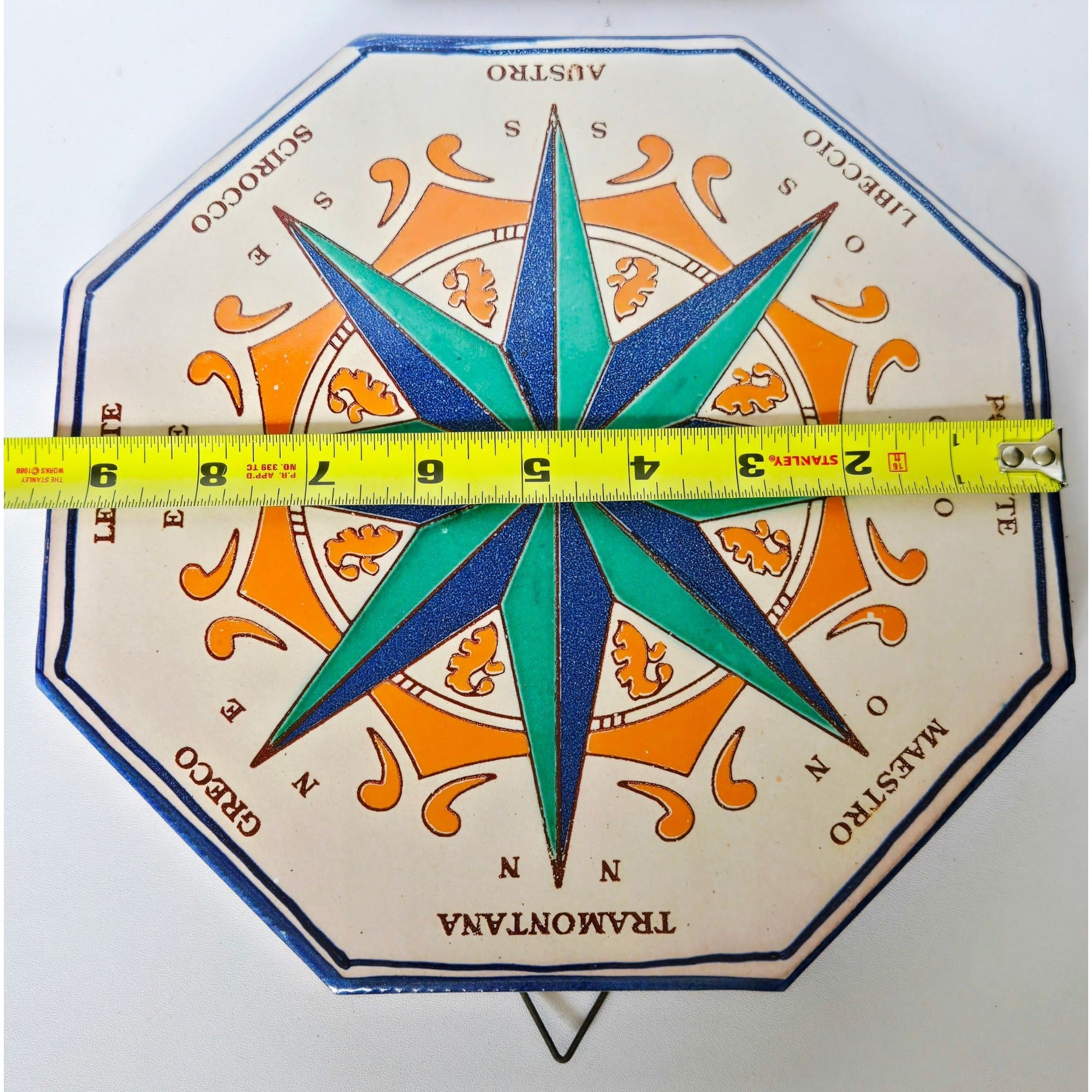 FRATANTONI Italian STONEWARE Octagonal Compass Rose Wall Plaque - Blue Green